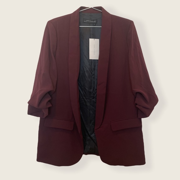 NWT Zara Burgundy Wine Crepe Oversized Boyfriend Blazer - Picture 11 of 12